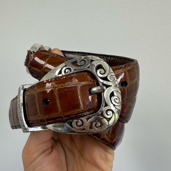 Brighton Reversible Brown Leather Belt Patent Snake Embossed Silver Hardware S - Picture 1 of 13